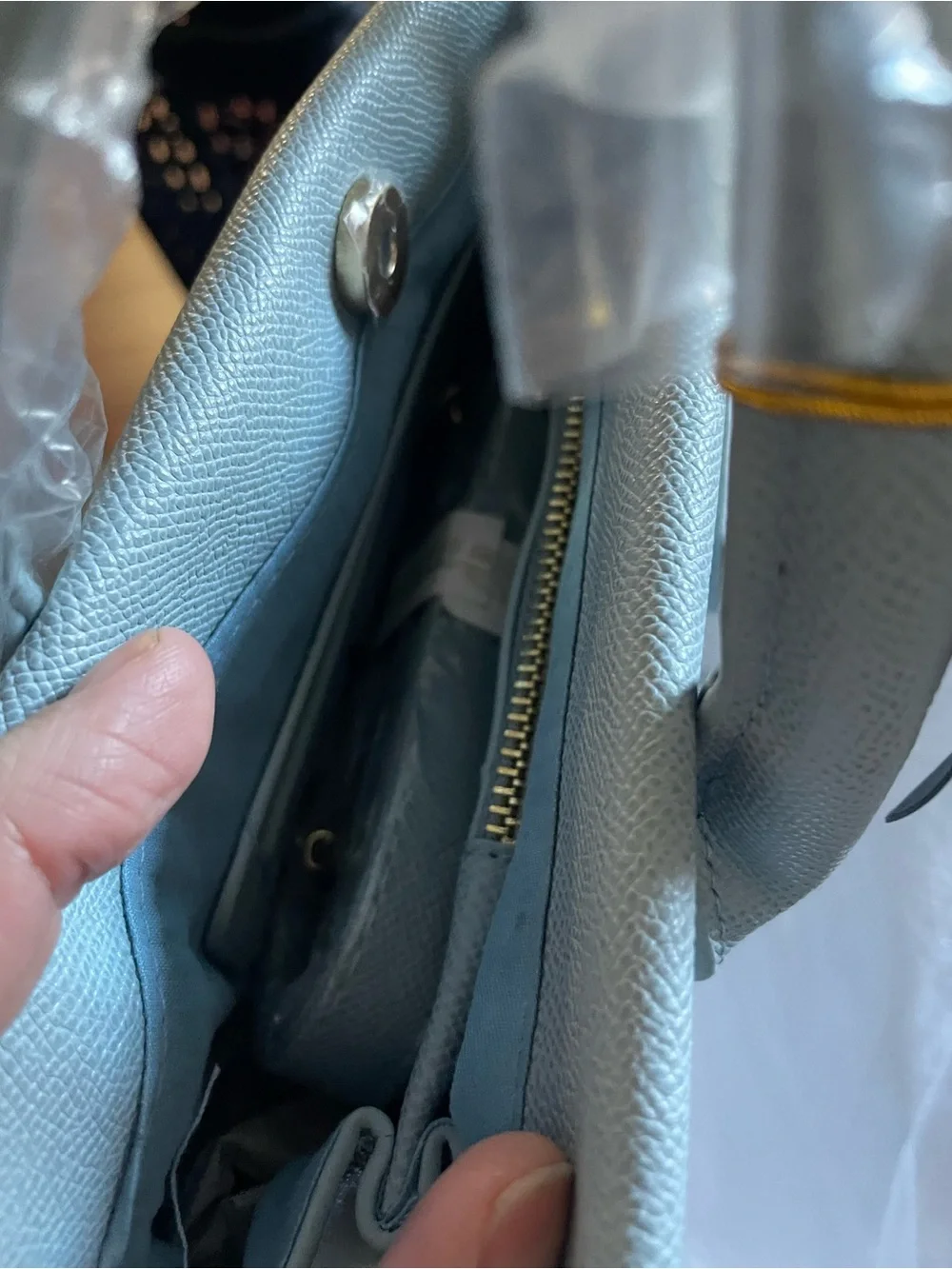 Bebe Light Blue Textured Leather Satchel with Gold Hardware